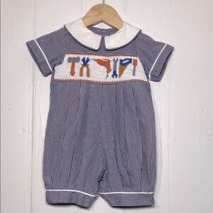 REMEMBER NGUYEN EUC Boys Hand Smocked Gingham Peter Pan Collar Heirloom Romper